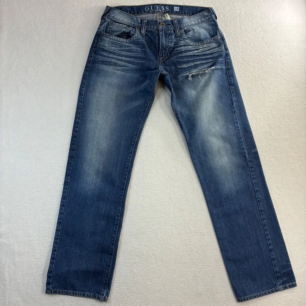 Guess‎ Rebel Straight Jeans Mens 33x34 Blue Faded Whiskered Distressed Denim Y2K